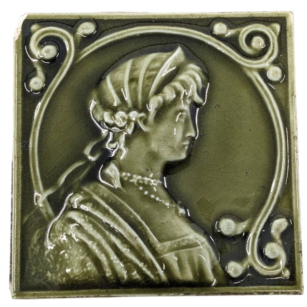 SALE! Antique 1890's HAMILTON TILE WORKS Art Nouveau Woman in Bonnet Art Pottery